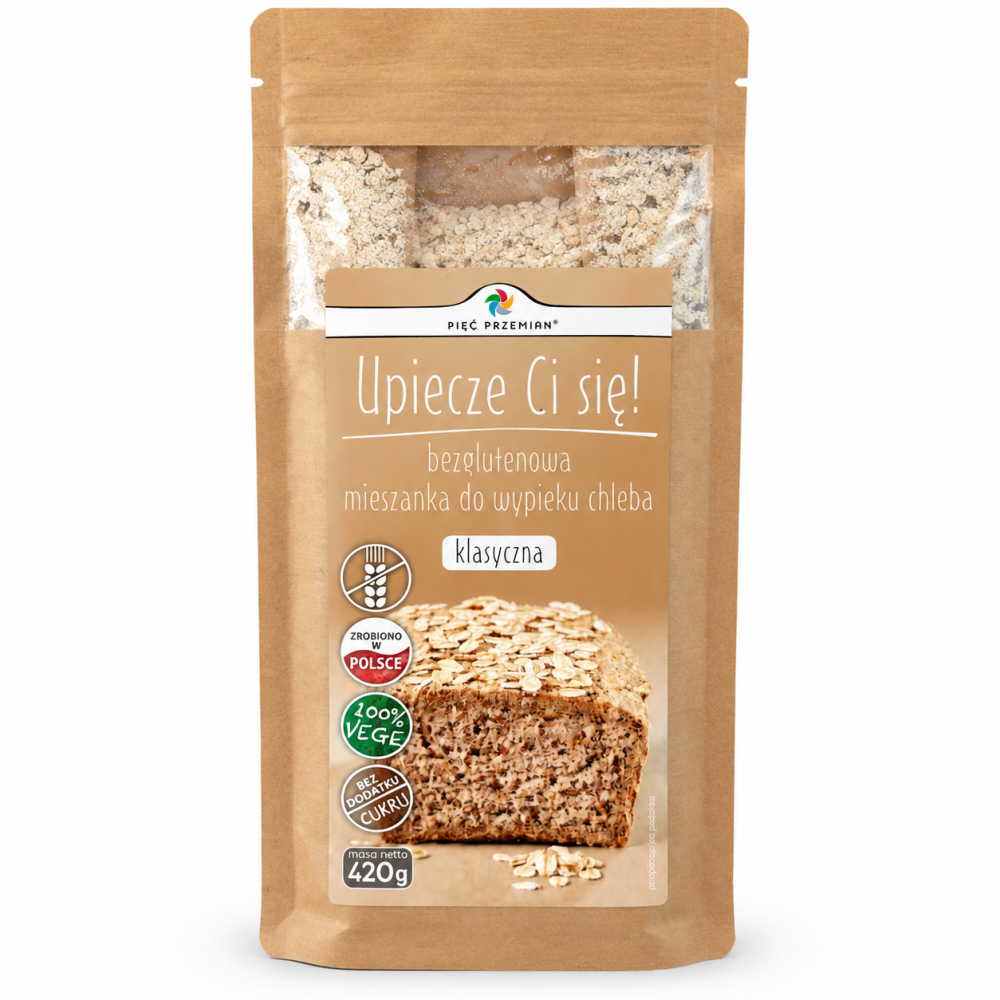 Bezglutenowa mieszanka do wypieku chleba klasycznego Pięć Przemian 420 g. 100% VEGE, bez dodatku cukru. Prosty sposób na świeży domowy chleb.