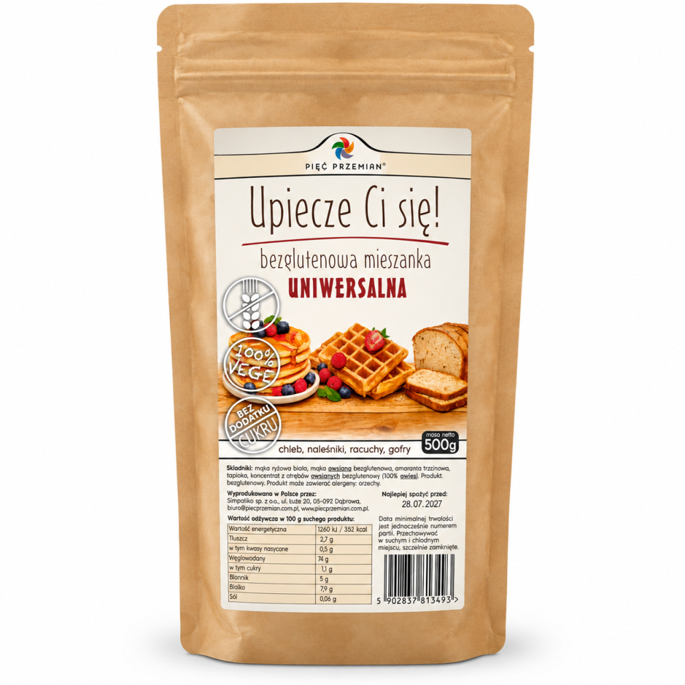 bezglutenowa mieszanka uniwersalna, mieszanka bezglutenowa 500 g, mąka bezglutenowa do wypieków, mieszanka do chleba bez glutenu, mieszanka do naleśników i gofrów, Pięć Przemian Upiecze Ci się