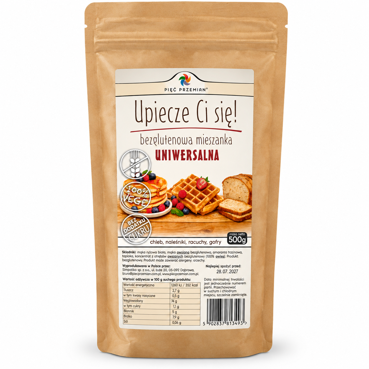 bezglutenowa mieszanka uniwersalna, mieszanka bezglutenowa 500 g, mąka bezglutenowa do wypieków, mieszanka do chleba bez glutenu, mieszanka do naleśników i gofrów, Pięć Przemian Upiecze Ci się