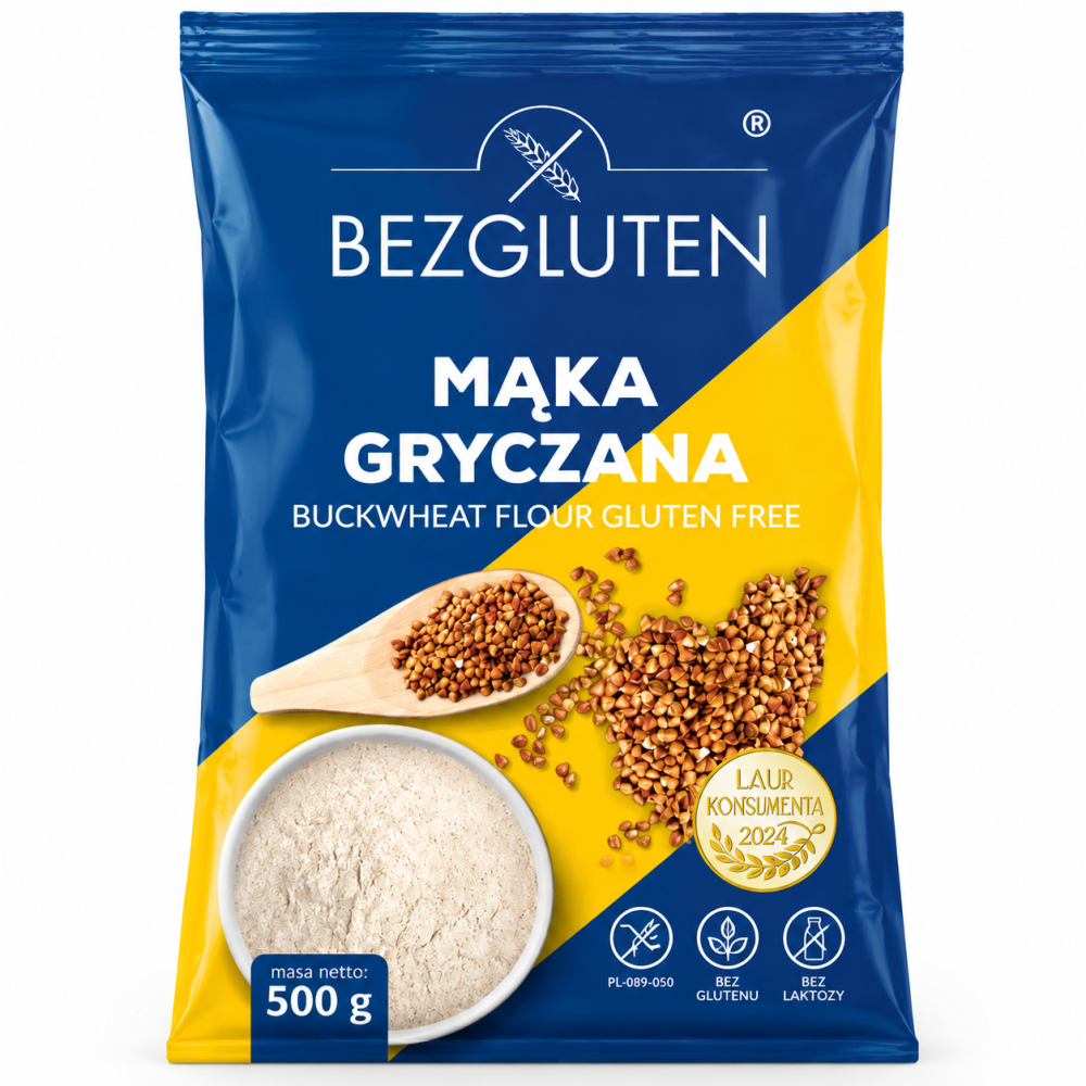 Mąka gryczana bezglutenowa Bezgluten 500 g. Idealna do chleba, naleśników, placków, gofrów i domowych wypieków. Bez glutenu i laktozy.