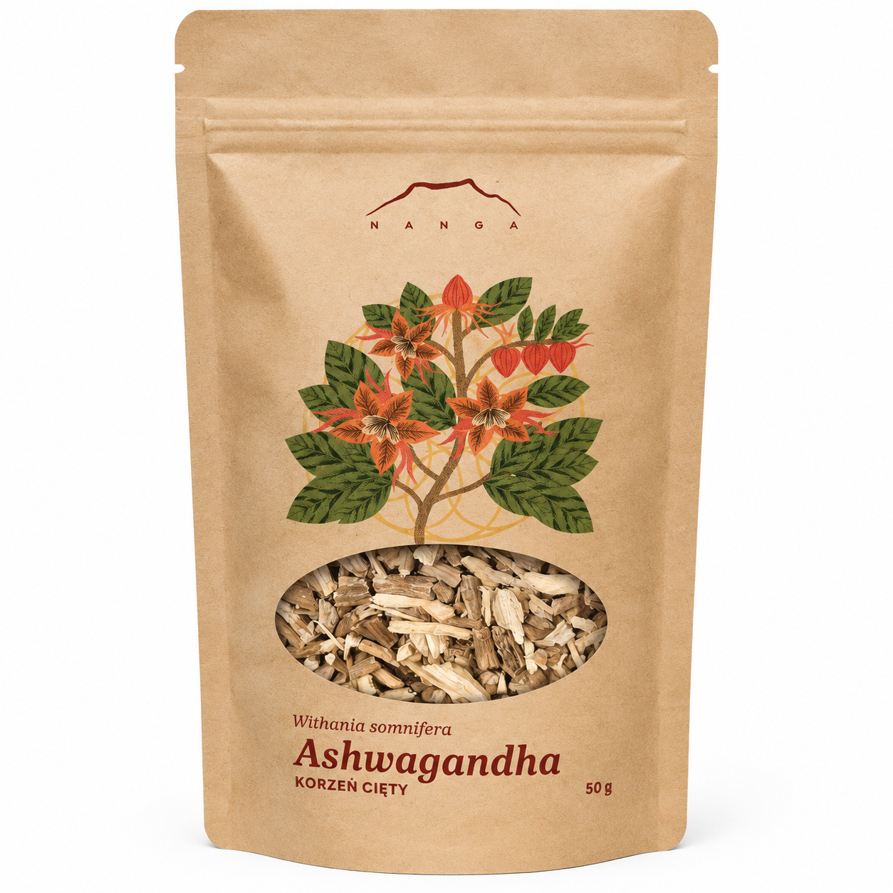 Ashwagandha korzeń cięty Nanga 50 g – Withania somnifera, tradycyjny surowiec zielarski ceniony w ajurwedzie. Idealny do przygotowania naparu lub odwaru.