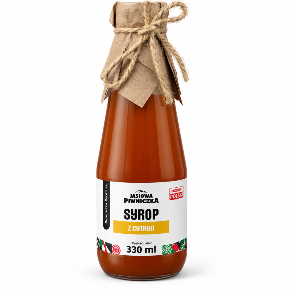 Syrop z cytryn Jasiowa Piwniczka 330 ml według beskidzkiej receptury. Aromatyczny dodatek do herbaty, wody, lemoniady, koktajli i deserów.
