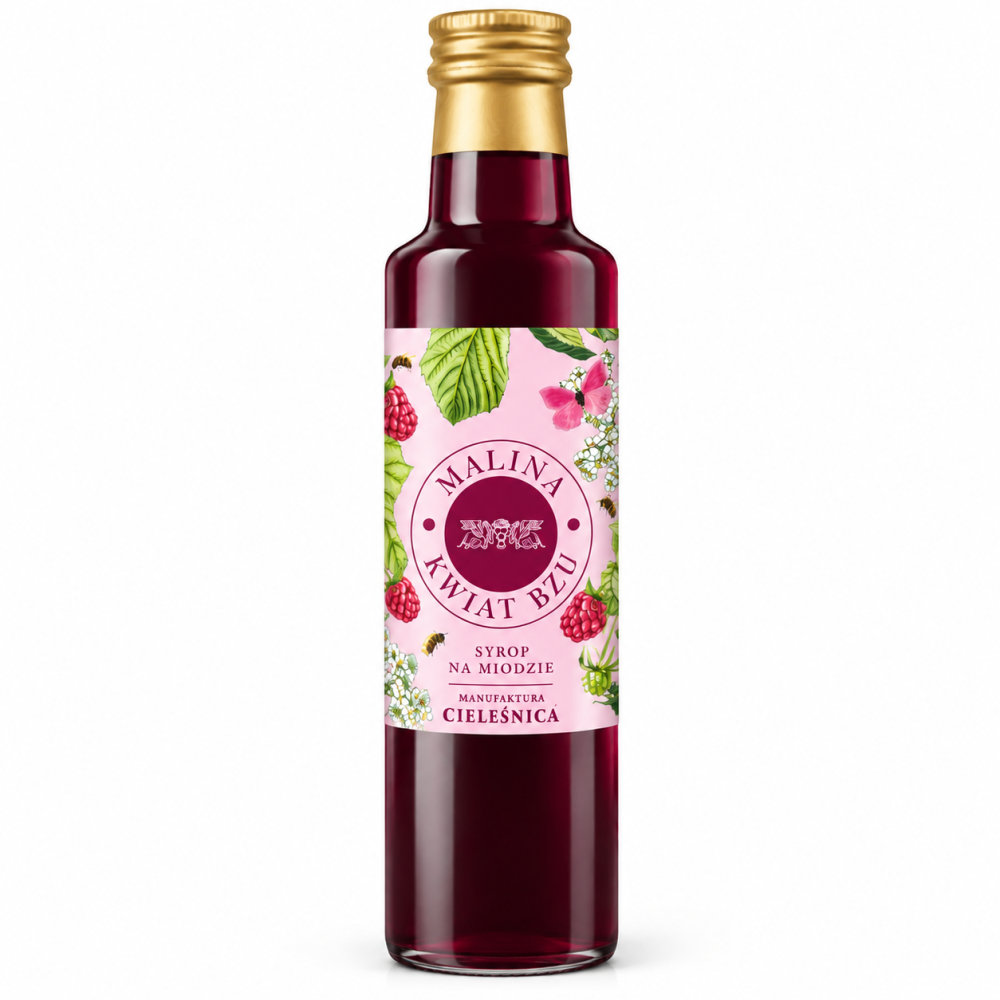 Syrop na miodzie Malina i Kwiat Bzu Manufaktura Cieleśnica. Aromatyczny dodatek do herbaty, lemoniady, napojów i deserów. Owocowo-kwiatowy smak.