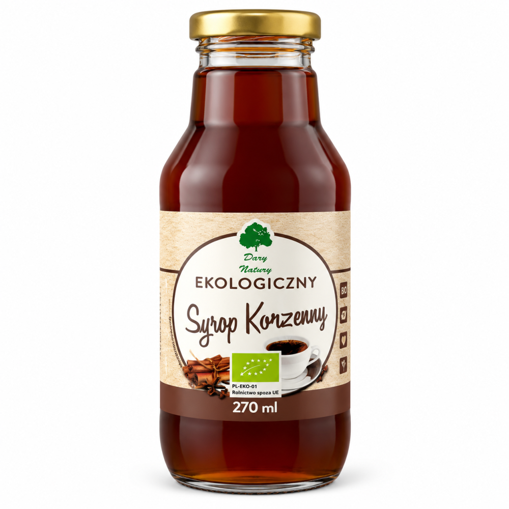 Ekologiczny Syrop Korzenny BIO Dary Natury 270 ml. Aromatyczny dodatek do herbaty, kawy, napojów, deserów i wypieków. Idealny na chłodne dni.