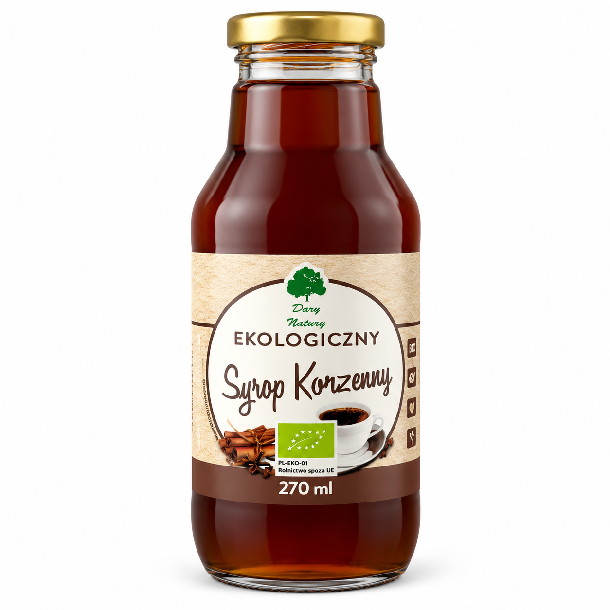 Ekologiczny Syrop Korzenny BIO Dary Natury 270 ml. Aromatyczny dodatek do herbaty, kawy, napojów, deserów i wypieków. Idealny na chłodne dni.