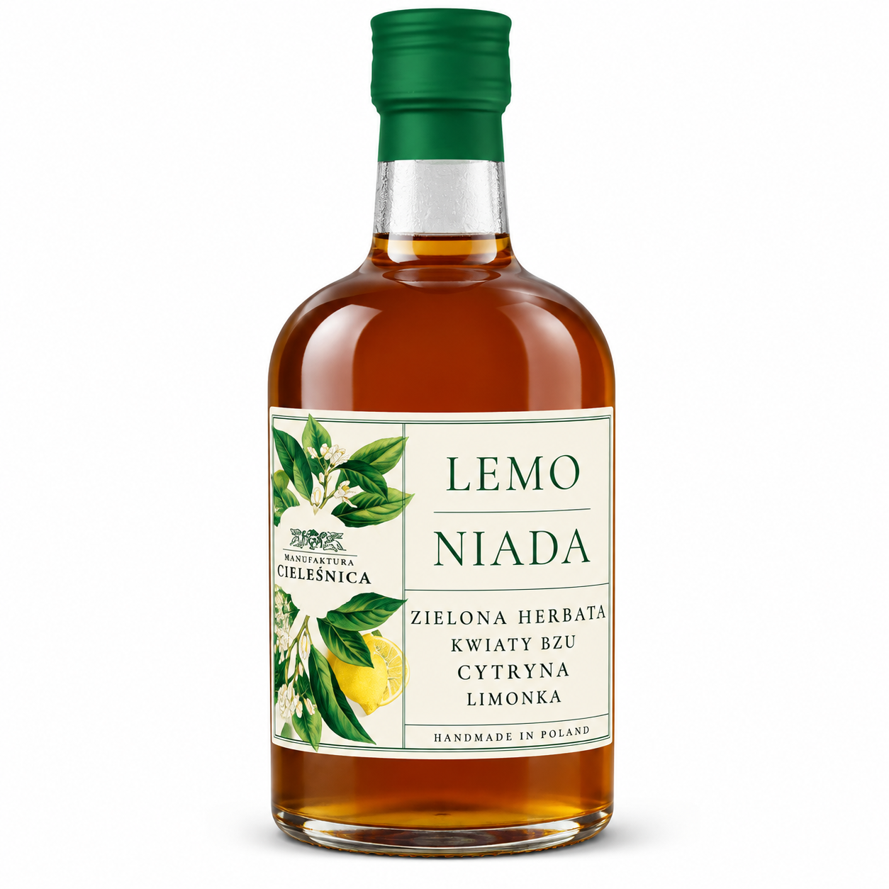 Lemoniada Manufaktura Cieleśnica z zieloną herbatą, kwiatami bzu, cytryną i limonką. Orzeźwiający, aromatyczny napój idealny na ciepłe dni.