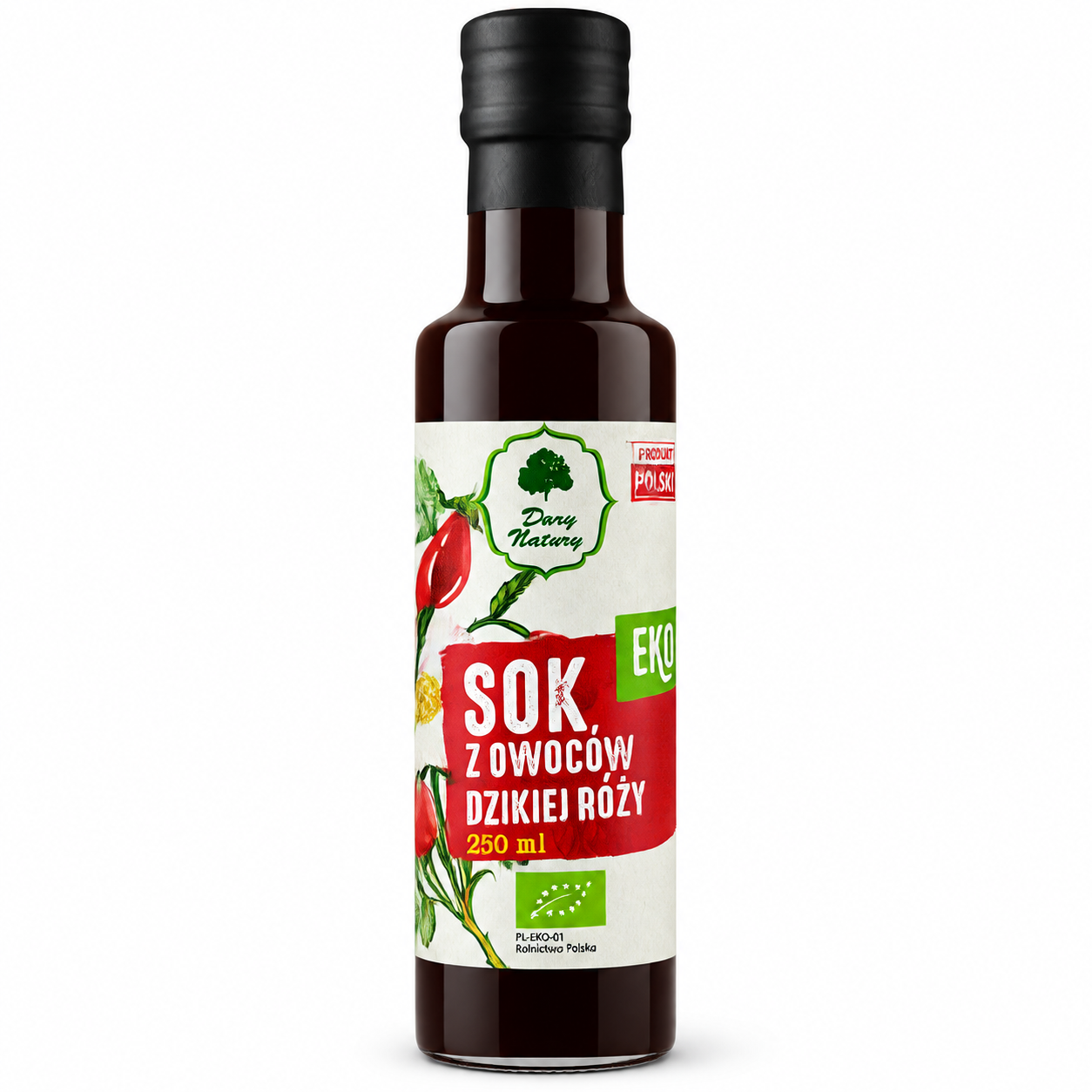 Ekologiczny sok z owoców dzikiej róży Dary Natury 250 ml. Naturalny, wyrazisty smak. Certyfikowany produkt EKO z polskiego rolnictwa ekologicznego.