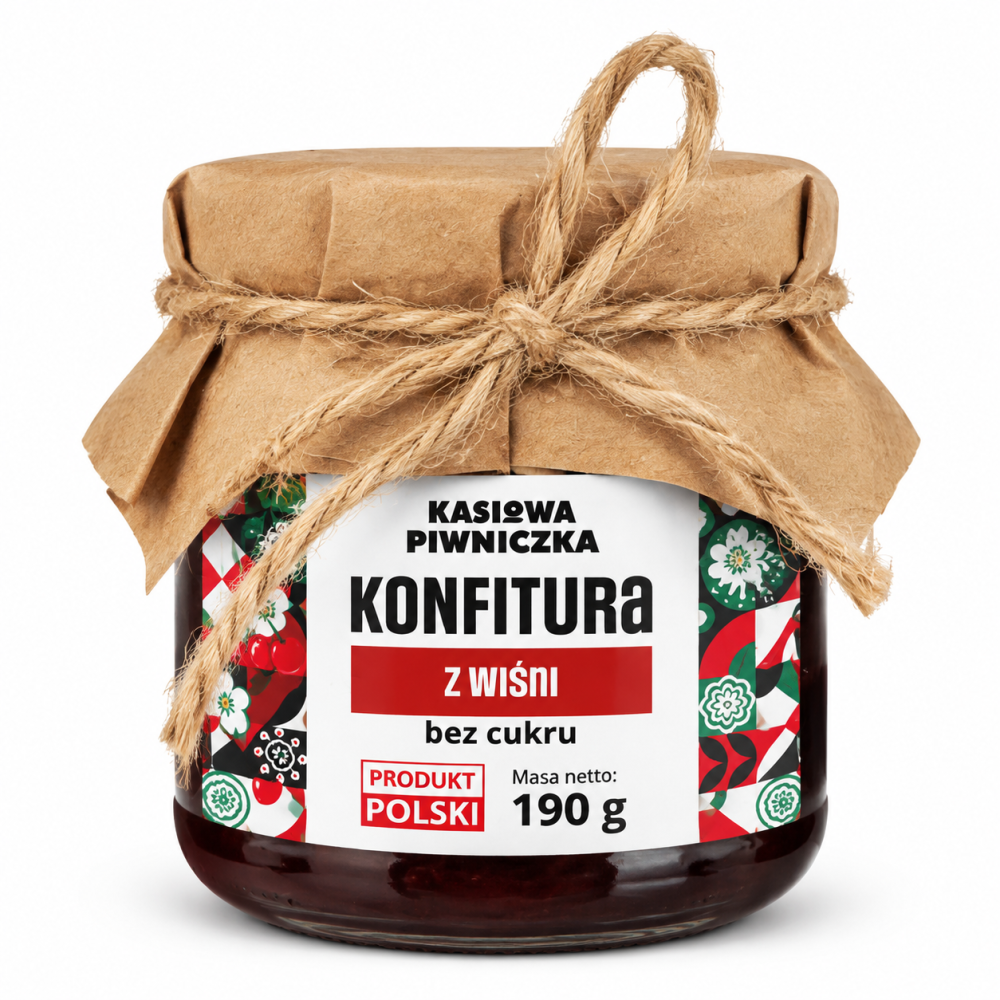Konfitura z wiśni bez cukru Jasiowa Piwniczka 190 g. Wyrazisty, owocowy smak – idealna do pieczywa, naleśników, owsianki, deserów i ciast.