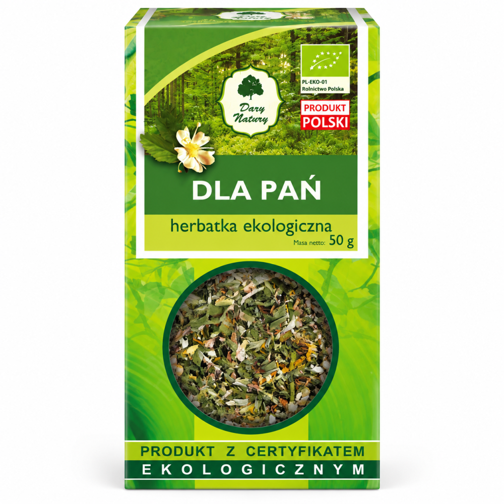 Ekologiczna herbatka Dla Pań Dary Natury 50 g. Starannie skomponowana mieszanka ziołowa z certyfikowanych składników ekologicznych.