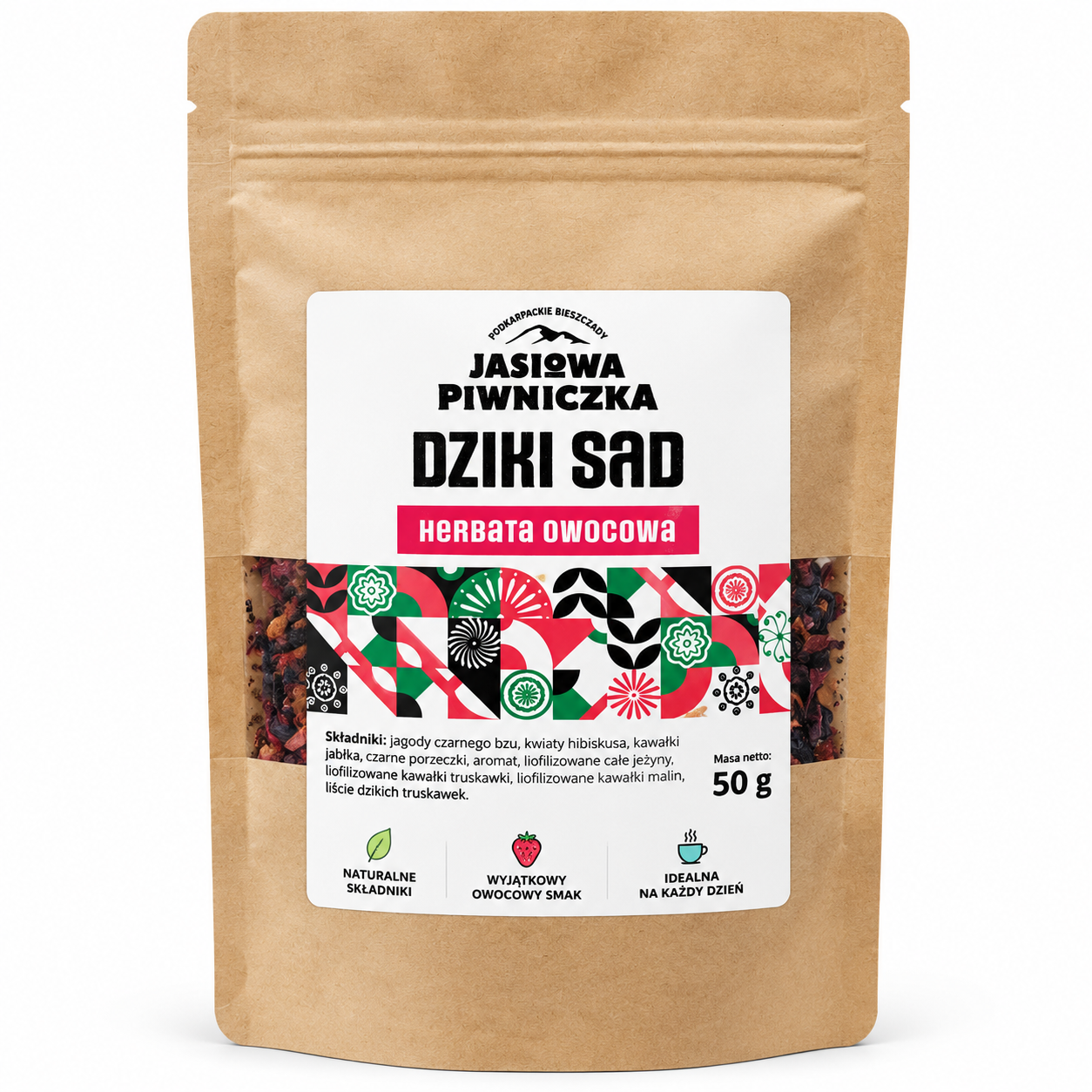 Dziki Sad Jasiowa Piwniczka 50 g – aromatyczna herbata owocowa z czarnym bzem, hibiskusem, porzeczką, jeżynami, truskawkami i malinami.