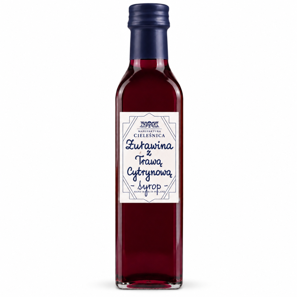 Syrop żurawinowy z truskawką i cytrynową nutą od Manufaktury Cieleśnica. Aromatyczny dodatek do herbaty, wody, lemoniady, koktajli i deserów.