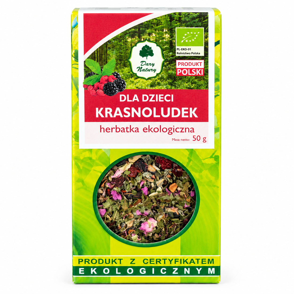Herbatka owocowo-ziołowa Krasnoludek BIO 50 g Dary Natury – naturalna mieszanka owoców, ziół i kwiatów dla dzieci. Ekologiczny, delikatny napar bez sztucznych dodatków.