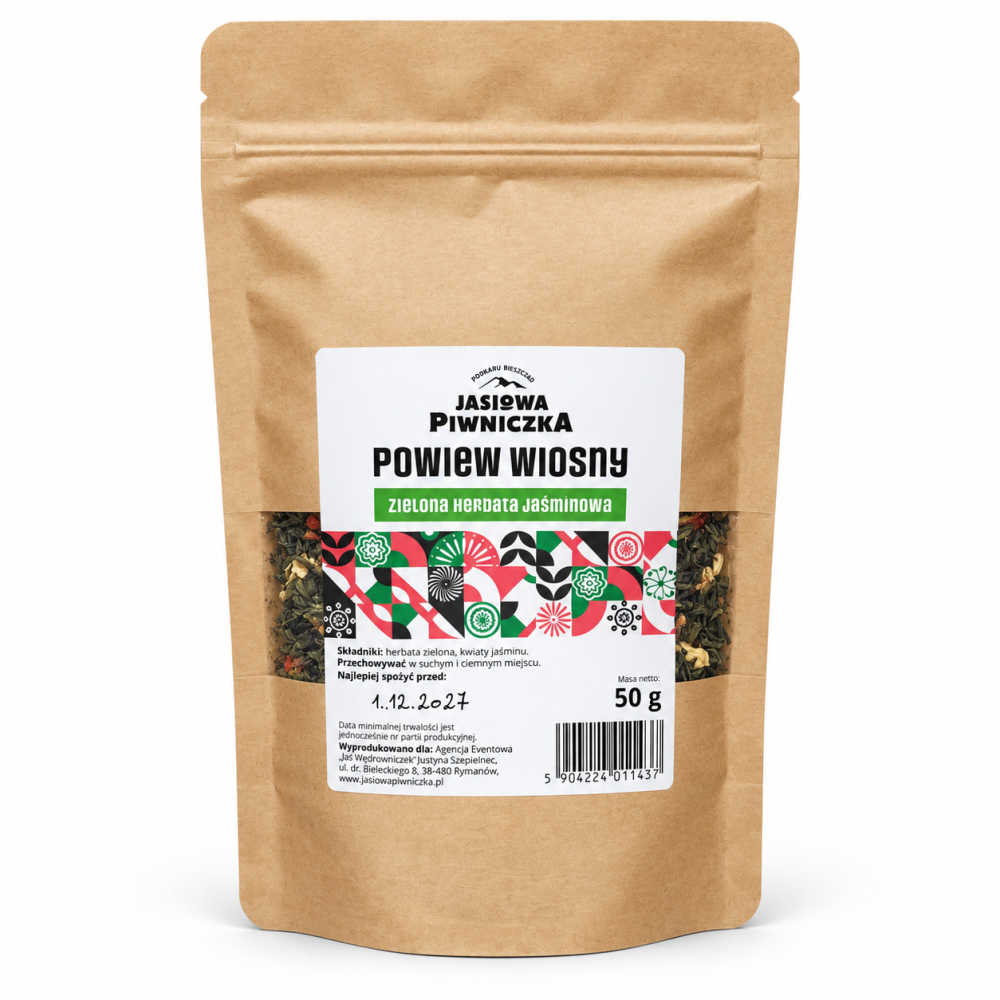 Zielona herbata jaśminowa Powiew Wiosny 50 g. Delikatna kompozycja zielonej herbaty i kwiatów jaśminu o świeżym, kwiatowym aromacie.