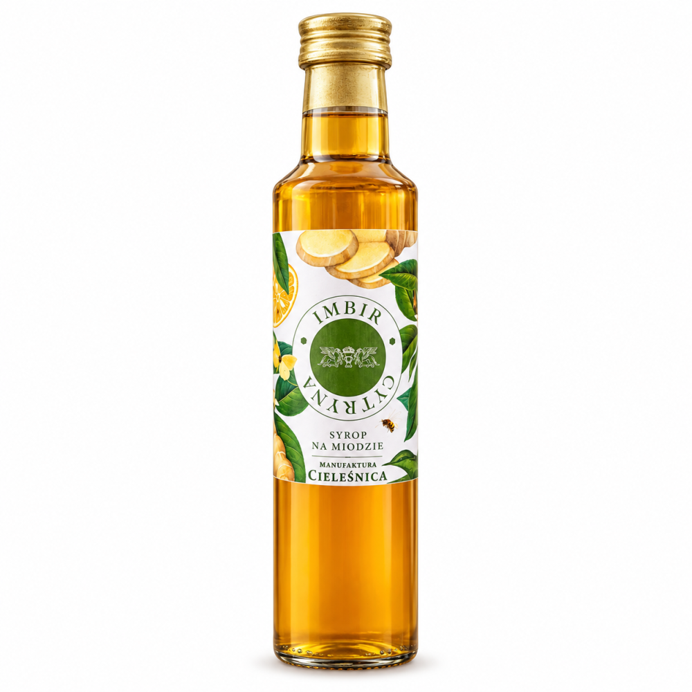 Naturalny syrop imbirowy z miodem i cytryną Manufaktura Cieleśnica 230 ml. Aromatyczny dodatek do herbaty, napojów, deserów i domowych lemoniad.