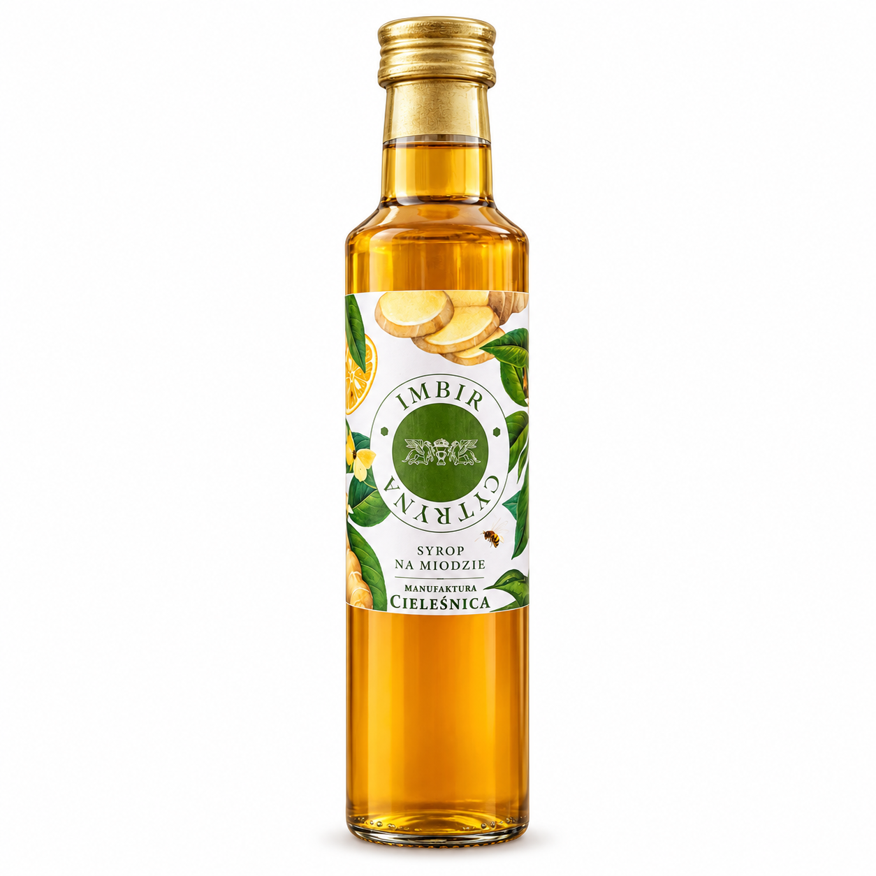 Naturalny syrop imbirowy z miodem i cytryną Manufaktura Cieleśnica 230 ml. Aromatyczny dodatek do herbaty, napojów, deserów i domowych lemoniad.