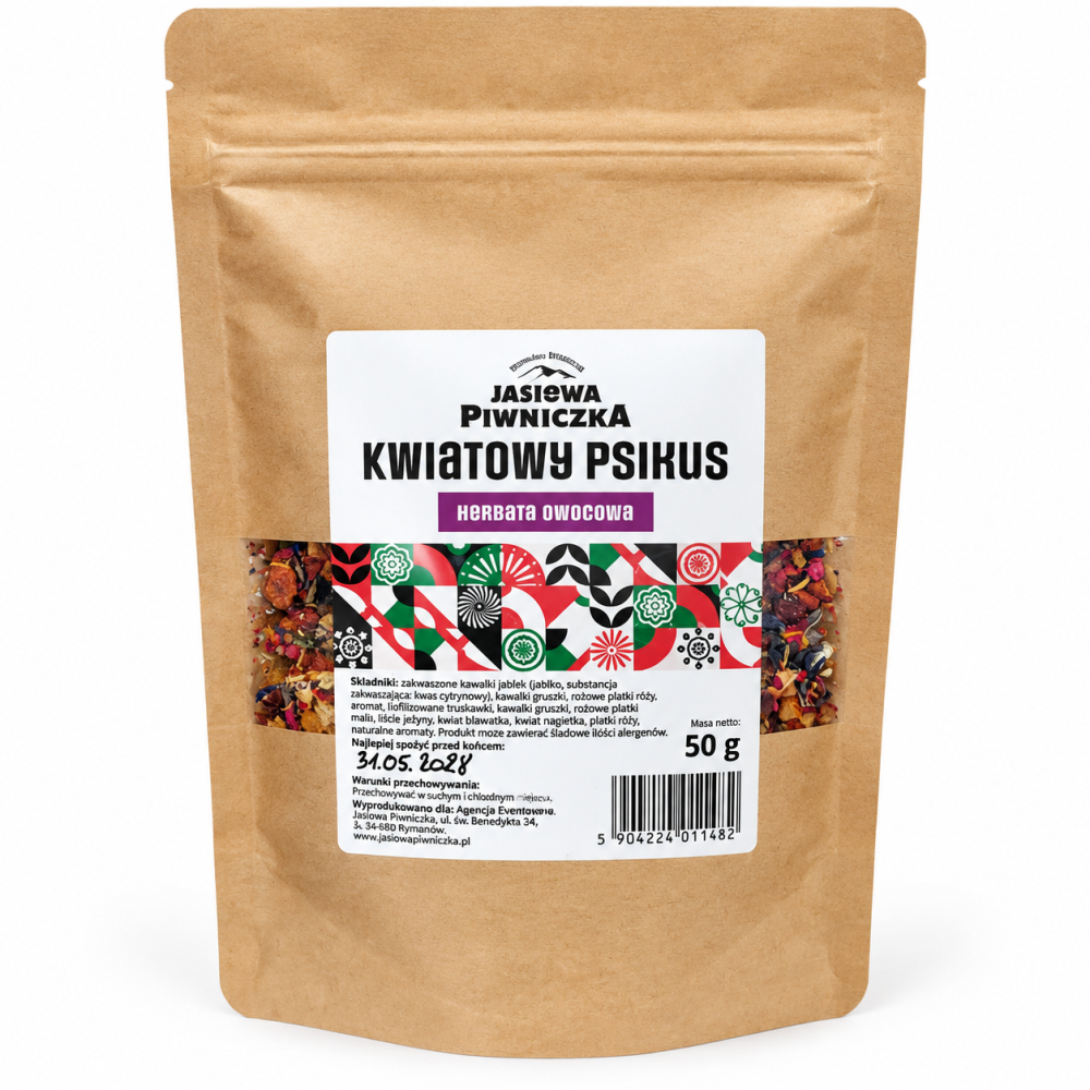 Kwiatowy Psikus 50 g – aromatyczna herbata owocowa z jabłkiem, hibiskusem, maliną, truskawką i płatkami kwiatów. Odkryj wyjątkowy smak!