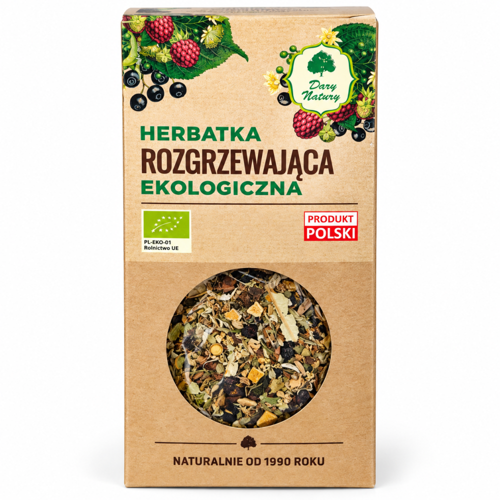 Ekologiczna Herbatka Rozgrzewająca Dary Natury – aromatyczna mieszanka ziół i owoców, idealna na chłodne jesienne i zimowe dni. Produkt polski.