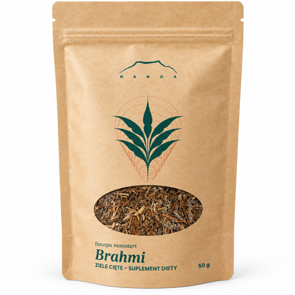 Brahmi Bacopa monnieri Nanga 50 g – cięte ziele stosowane w tradycji ajurwedyjskiej. Suplement diety w praktycznym, zamykanym opakowaniu.
