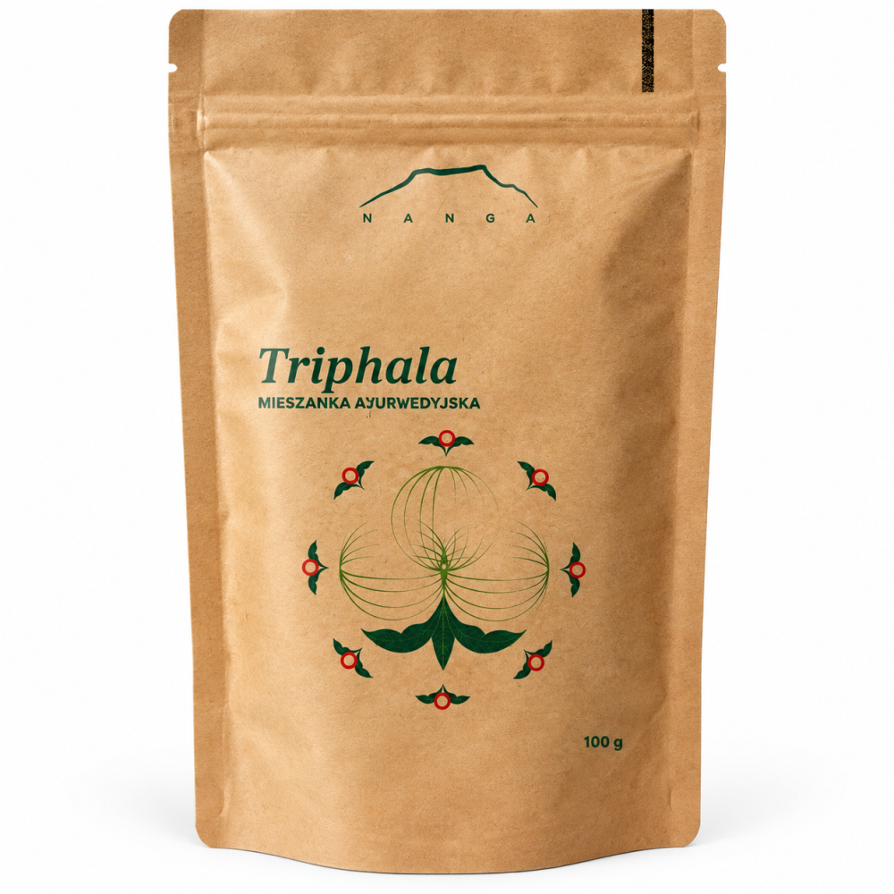 Triphala Nanga 100 g – tradycyjna mieszanka ajurwedyjska z trzech owoców: amla, bibhitaki i haritaki. Układ pokarmowy, jelita