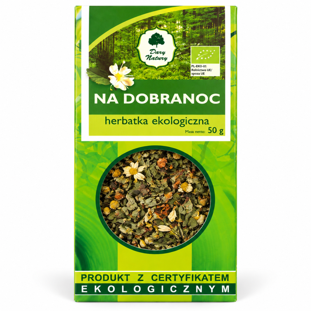 Herbatka ekologiczna Na Dobranoc Dary Natury 50 g – aromatyczna mieszanka ziół idealna do wieczornego naparu. Certyfikowany produkt ekologiczny.