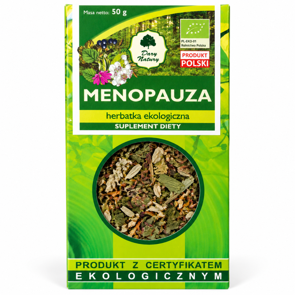 Menopauza Dary Natury 50 g – ekologiczna herbatka ziołowa dla kobiet w okresie menopauzy. Suplement diety z certyfikowanych składników ekologicznych.