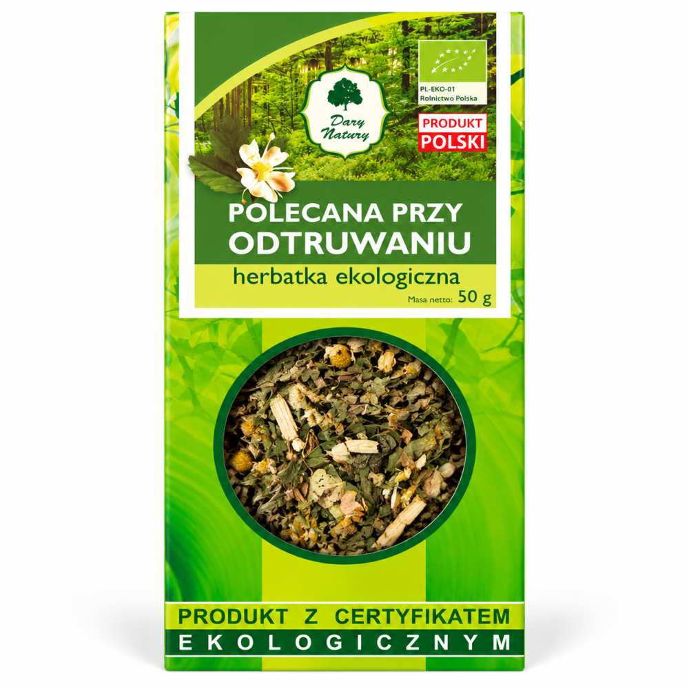 Herbatka Polecana przy Odtruwaniu Dary Natury 50 g – ekologiczna mieszanka ziół o naturalnym smaku i aromacie. Certyfikowany produkt ekologiczny.