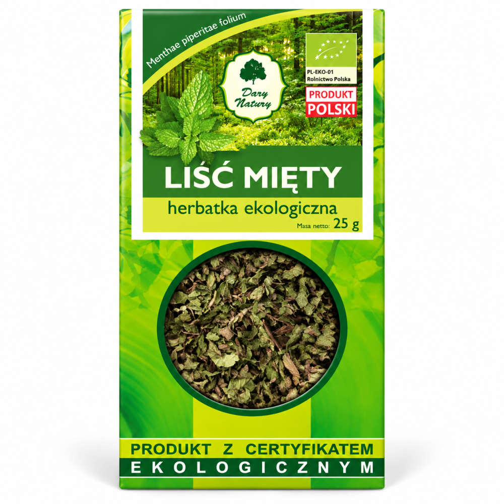 Liść mięty EKO Dary Natury 25 g – ekologiczna mięta pieprzowa o świeżym, intensywnym aromacie. Idealna do naparów, herbat i domowych lemoniad.