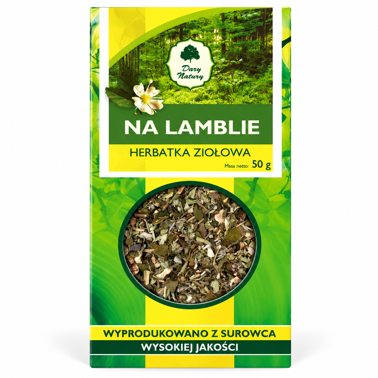 Herbatka ziołowa Na Lamblie Dary Natury 50 g – starannie skomponowana mieszanka ziół o naturalnym smaku i aromacie, przygotowana z wysokiej jakości surowców.