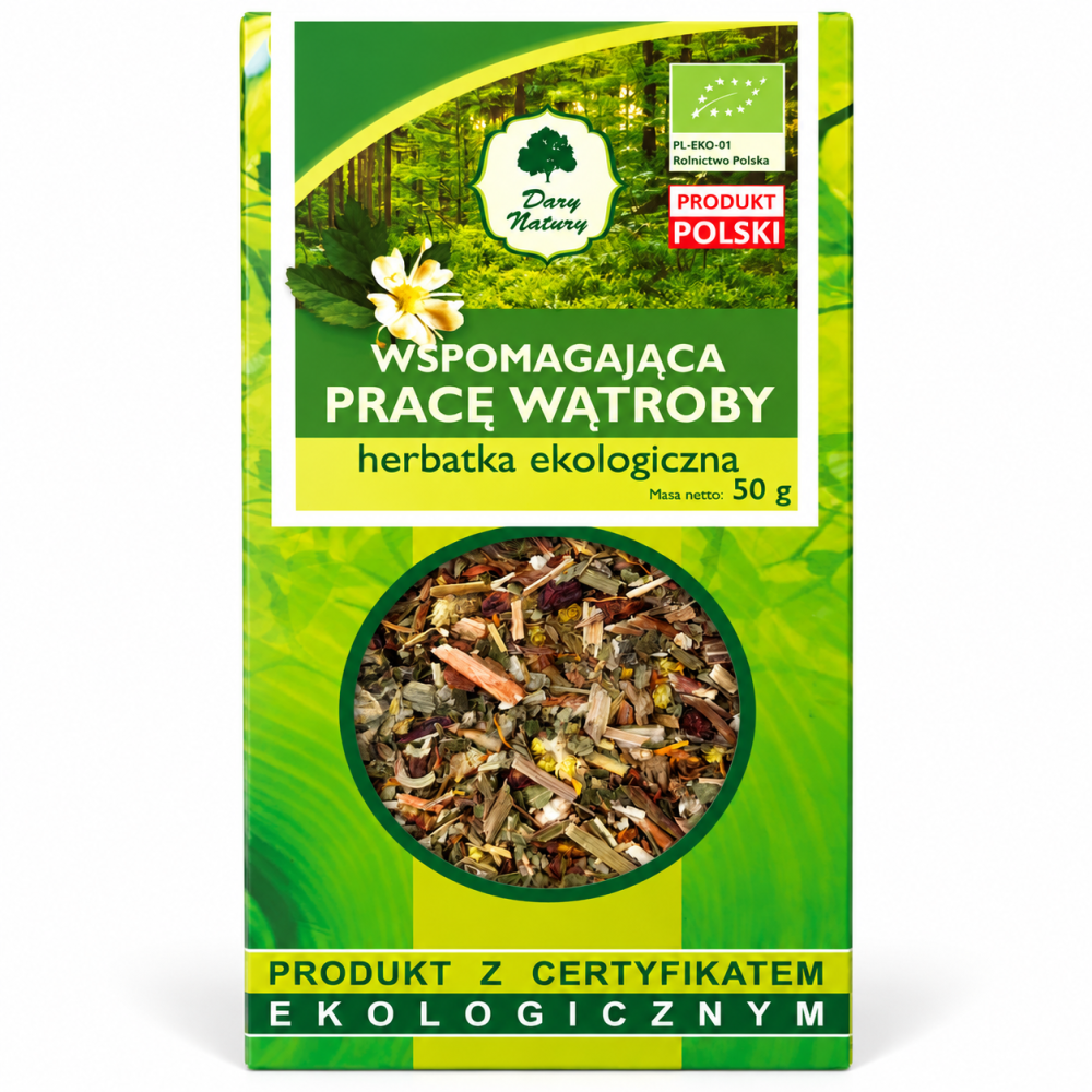Herbatka Wspomagająca pracę wątroby Dary Natury 50 g – ekologiczna mieszanka ziół o naturalnym smaku i aromacie. Certyfikowany produkt EKO.