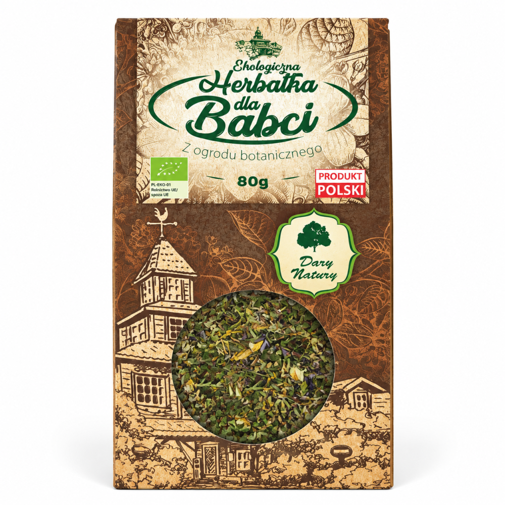 Ekologiczna Herbatka dla Babci Dary Natury 80 g – aromatyczna mieszanka ziół w ozdobnym opakowaniu. Naturalny, ekologiczny pomysł na prezent dla babci.