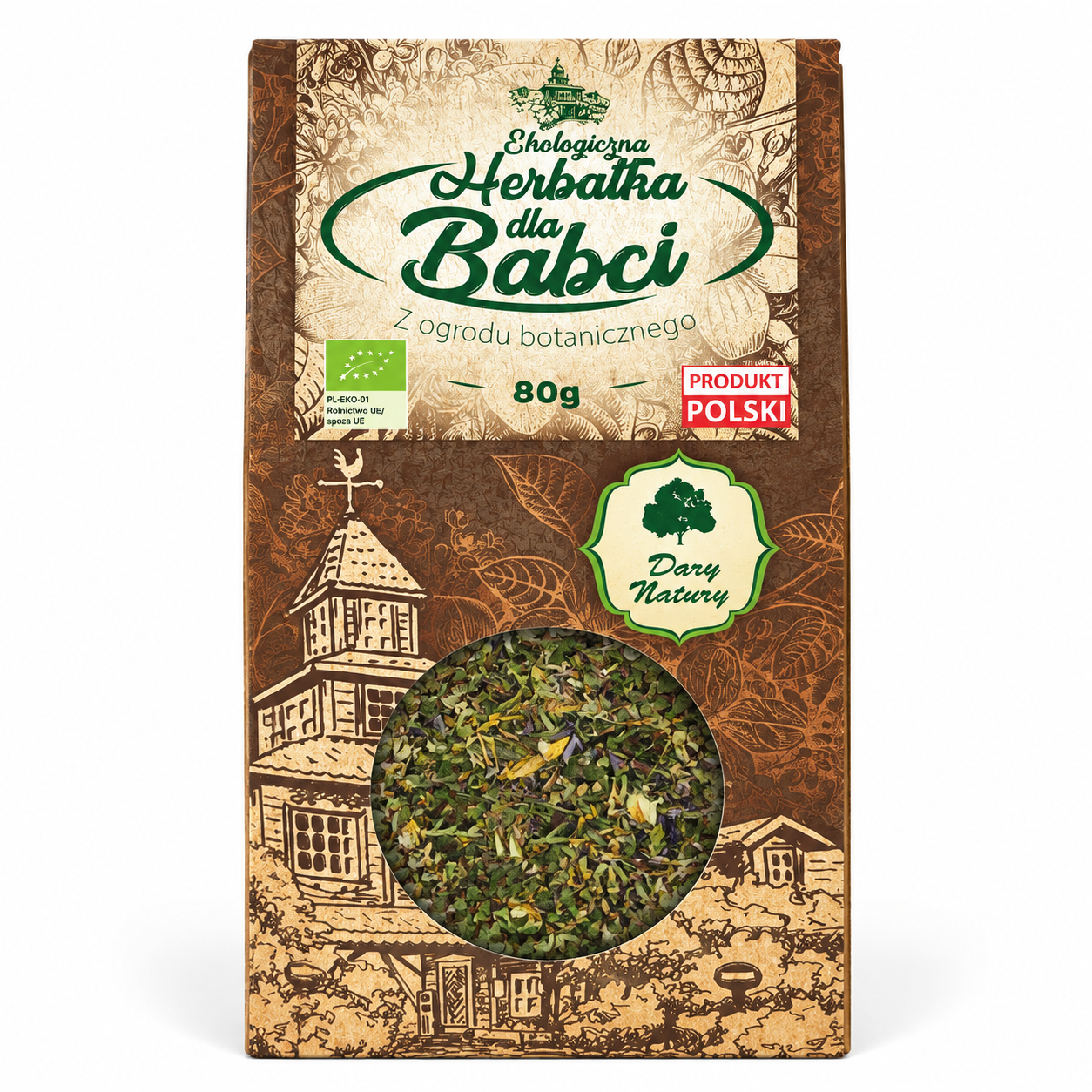 Ekologiczna Herbatka dla Babci Dary Natury 80 g – aromatyczna mieszanka ziół w ozdobnym opakowaniu. Naturalny, ekologiczny pomysł na prezent dla babci.