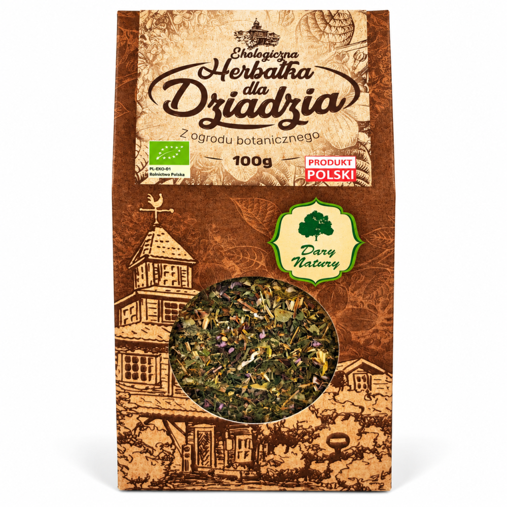 Ekologiczna Herbatka dla Dziadzia Dary Natury 100 g – aromatyczna mieszanka ziół z certyfikowanych upraw ekologicznych. Świetny pomysł na prezent.