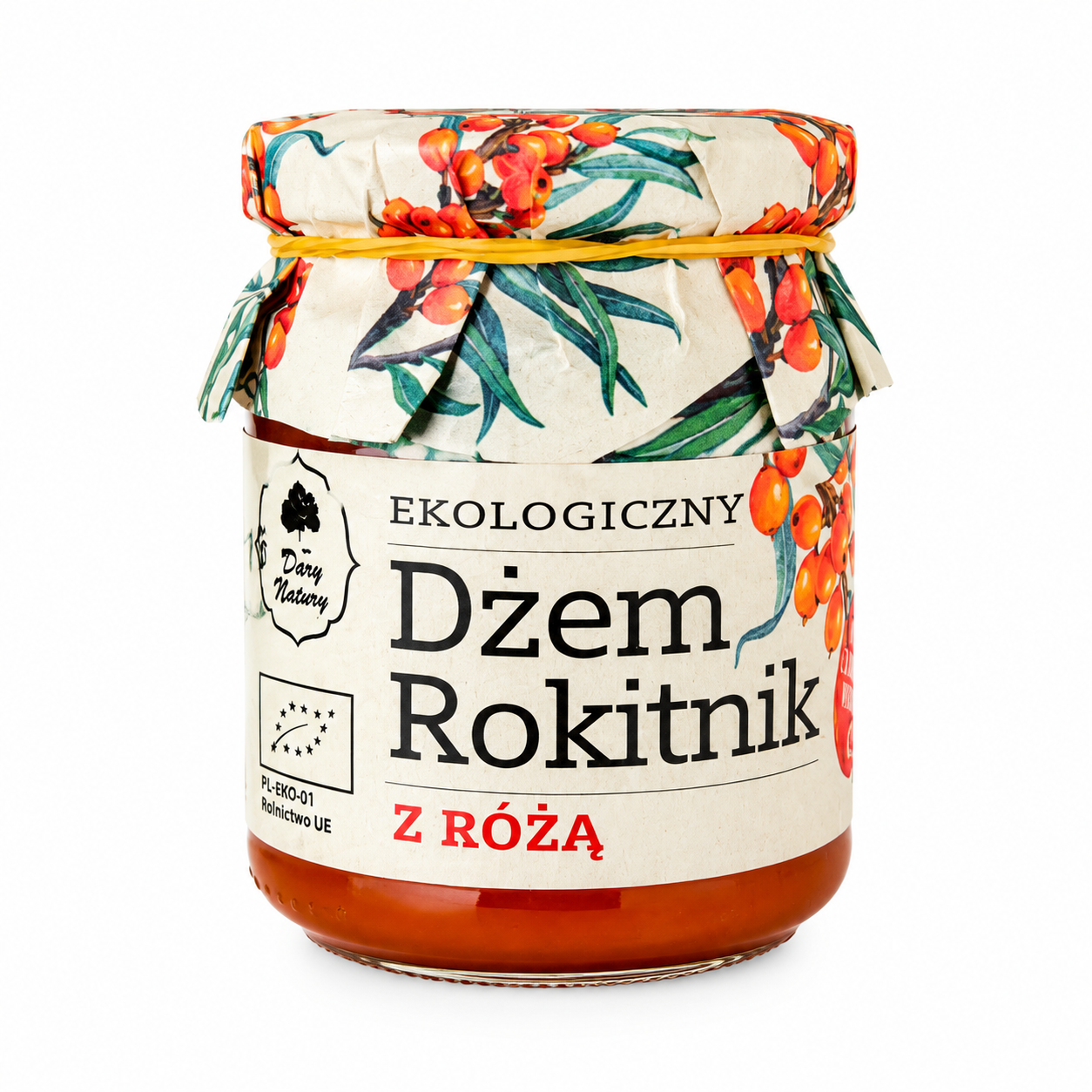Ekologiczny dżem z rokitnika z różą Dary Natury – wyjątkowe połączenie owocowego, lekko kwaskowego rokitnika z delikatnym aromatem róży.