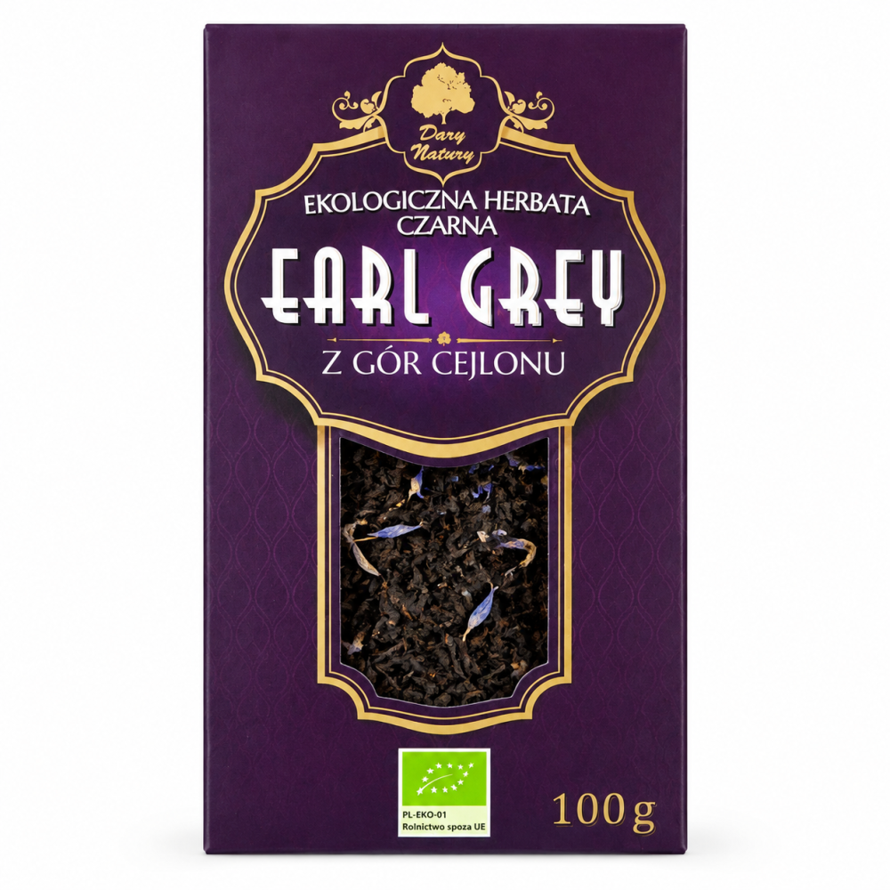 Ekologiczna herbata czarna Earl Grey z gór Cejlonu Dary Natury 100 g – klasyczna, aromatyczna herbata o wyrazistym smaku. Certyfikowany produkt EKO.