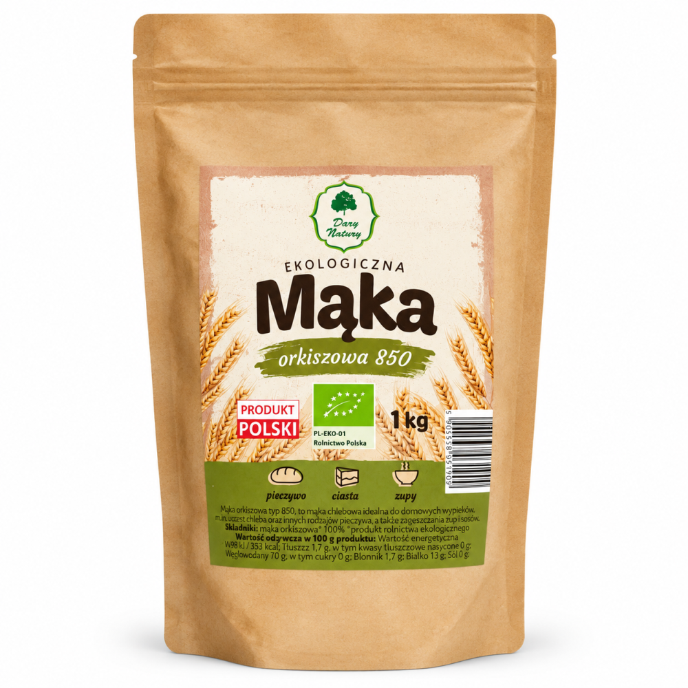 Ekologiczna mąka orkiszowa typ 850 Dary Natury 1 kg – polska mąka EKO idealna do domowego pieczywa, ciast, naleśników oraz zagęszczania zup i sosów.