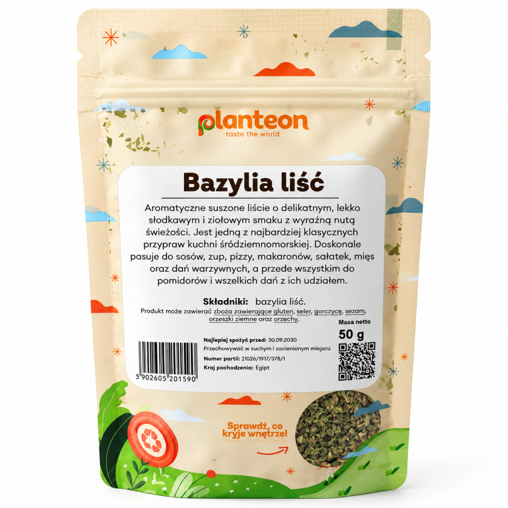 Bazylia liść Planteon 50 g – aromatyczna suszona bazylia idealna do pomidorów, sosów, pizzy, makaronów, sałatek oraz dań kuchni śródziemnomorskiej.