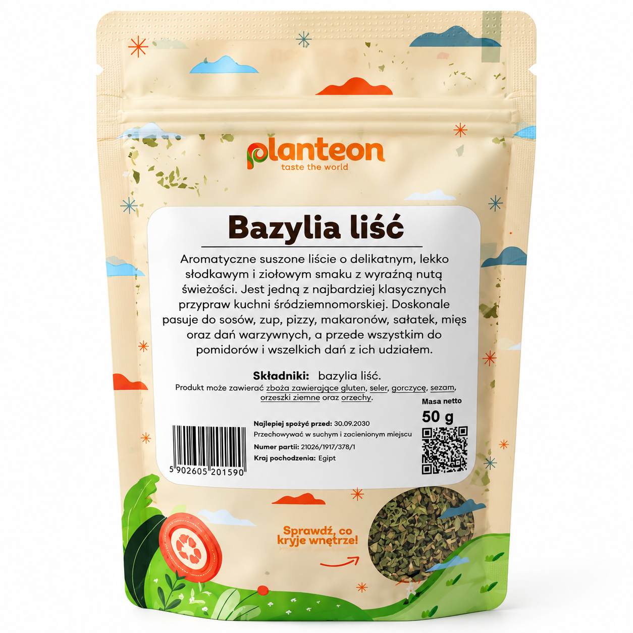 Bazylia liść Planteon 50 g – aromatyczna suszona bazylia idealna do pomidorów, sosów, pizzy, makaronów, sałatek oraz dań kuchni śródziemnomorskiej.