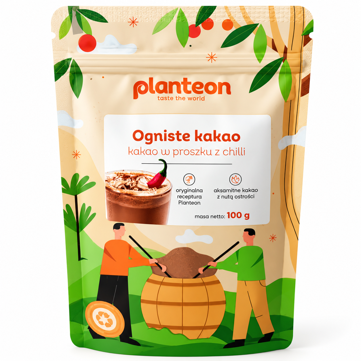 Ogniste kakao Planteon 100 g – aromatyczne kakao w proszku z chilli, łączące intensywny kakaowy smak z nutą ostrości. Do napojów, deserów i wypieków.