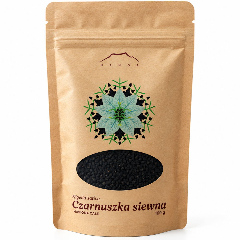 Czarnuszka siewna Nanga 100 g – całe nasiona Nigella sativa o charakterystycznym korzennym aromacie. Idealne do pieczywa, sałatek, warzyw i sosów.