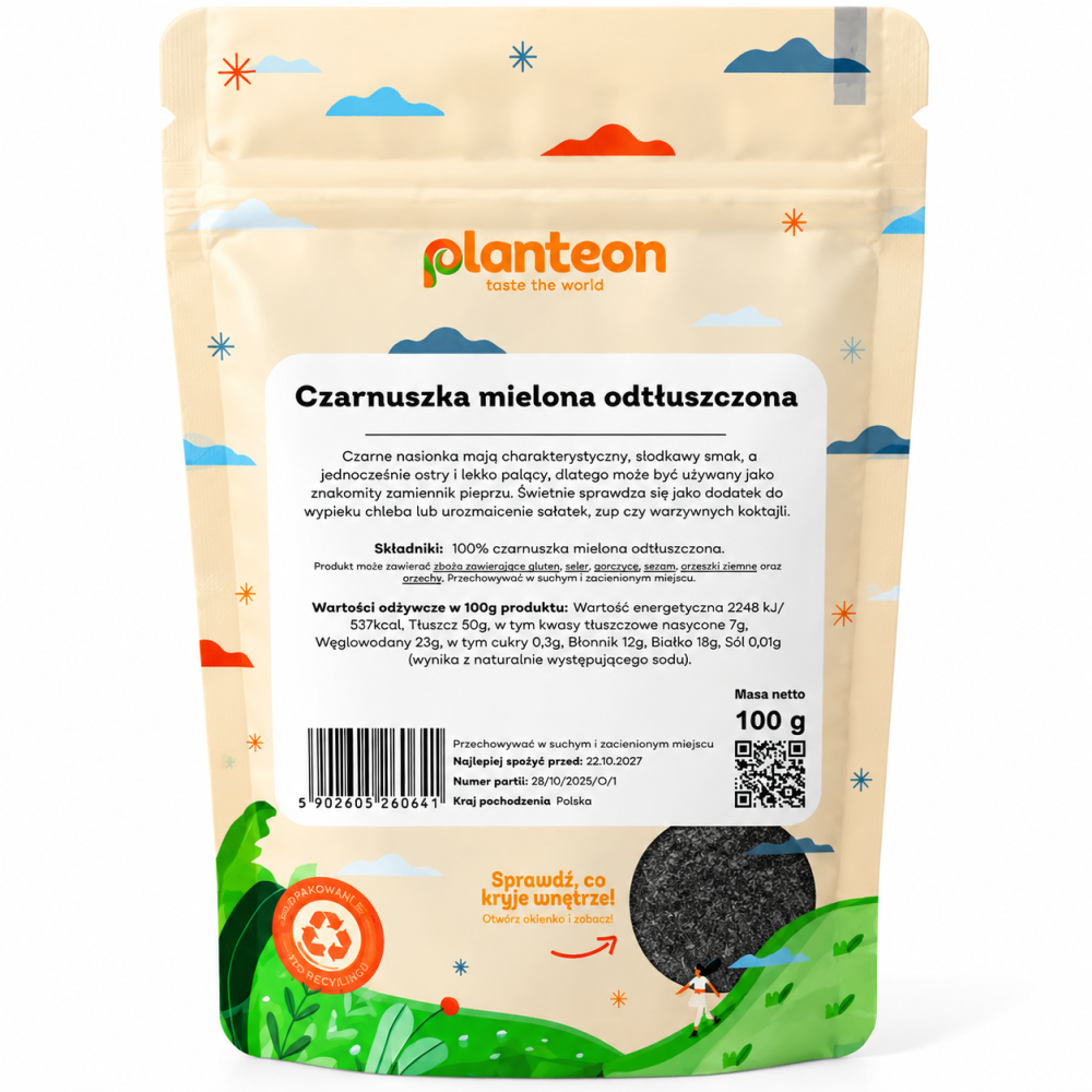 Czarnuszka mielona odtłuszczona Planteon 100 g – aromatyczna przyprawa o lekko ostrym smaku. Idealna do pieczywa, sałatek, zup i dań wytrawnych. 100% naturalna.