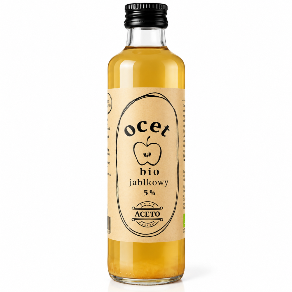 Ocet jabłkowy bio Aceto 5% o delikatnym jabłkowym aromacie. Idealny do sałatek, sosów, marynat i codziennego gotowania. Naturalny produkt wysokiej jakości.