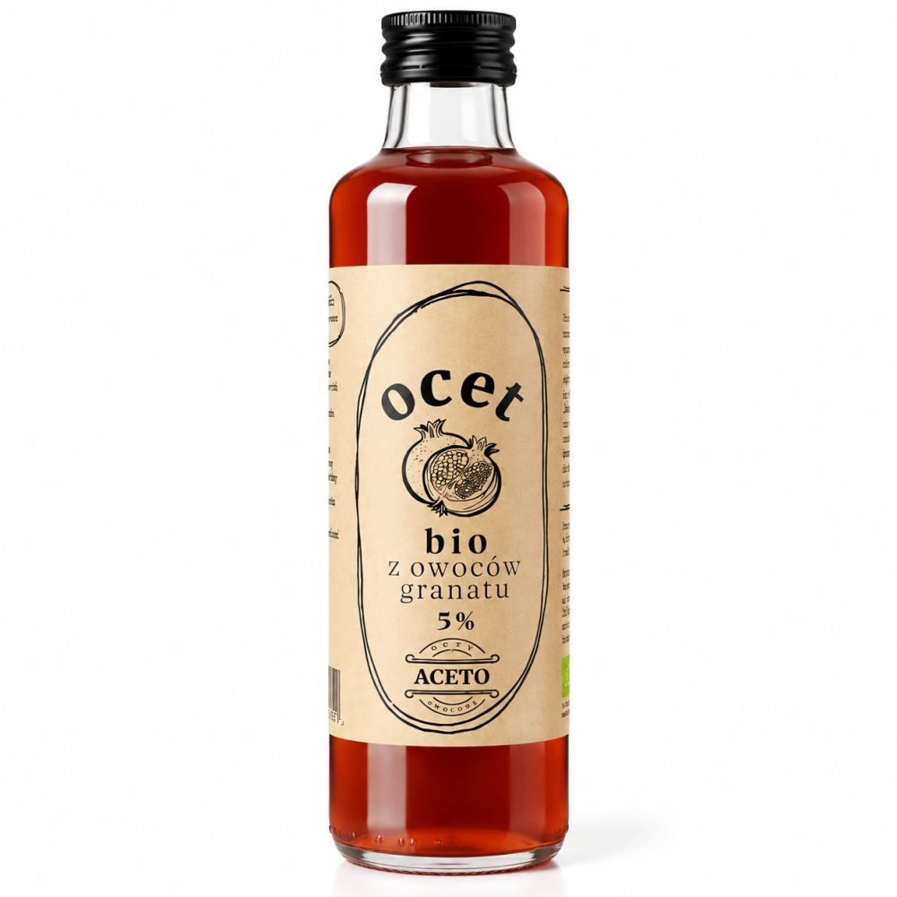 Ocet bio z owoców granatu Aceto 5% o wyjątkowym aromacie i delikatnym smaku. Idealny do sałatek, sosów, marynat oraz codziennej kuchni.