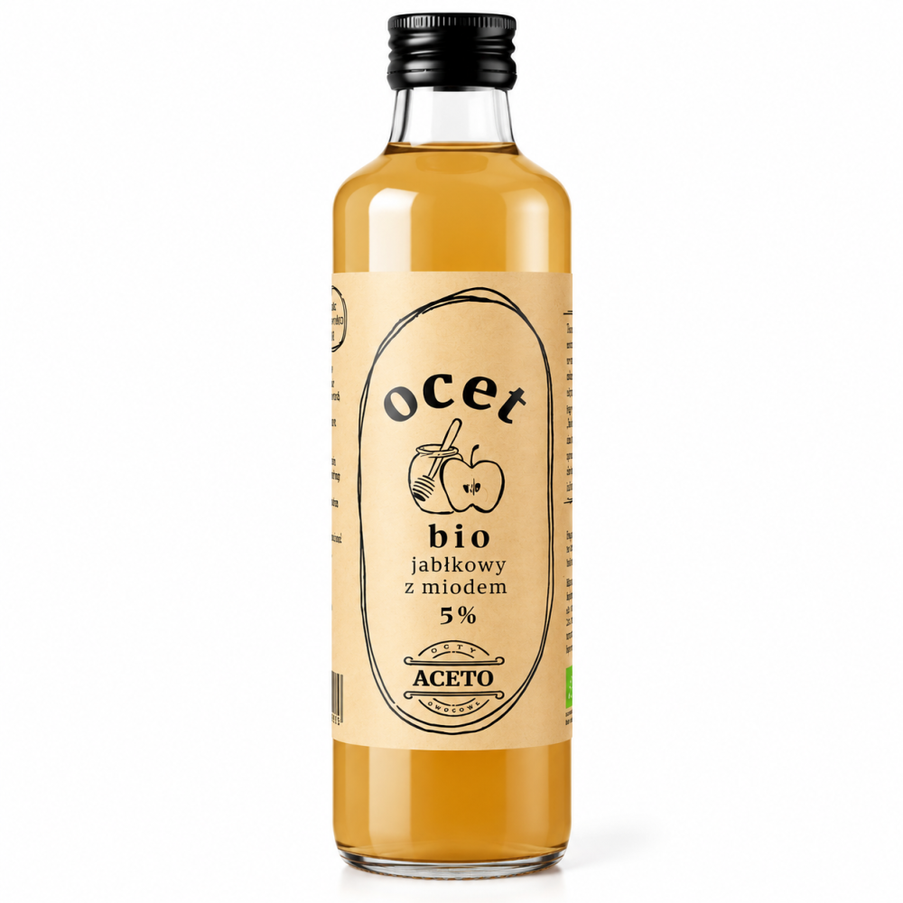 Ocet jabłkowy bio ACETO z dodatkiem miodu 5%. Naturalny, delikatny smak jabłek i miodu idealny do sałatek, sosów, marynat i codziennej kuchni.