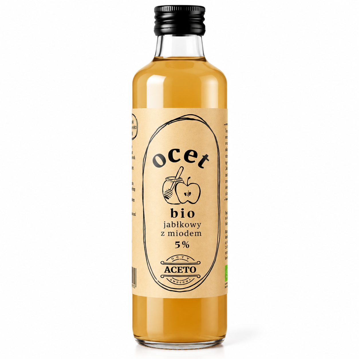 Ocet jabłkowy bio ACETO z dodatkiem miodu 5%. Naturalny, delikatny smak jabłek i miodu idealny do sałatek, sosów, marynat i codziennej kuchni.