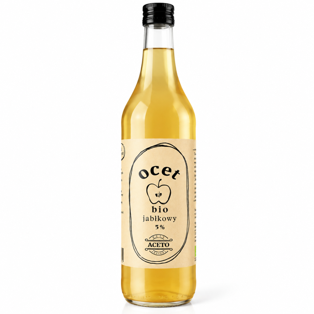 Naturalny ocet jabłkowy bio ACETO 5%. Delikatny smak i aromat jabłek – idealny do sałatek, sosów, marynat i codziennej kuchni.