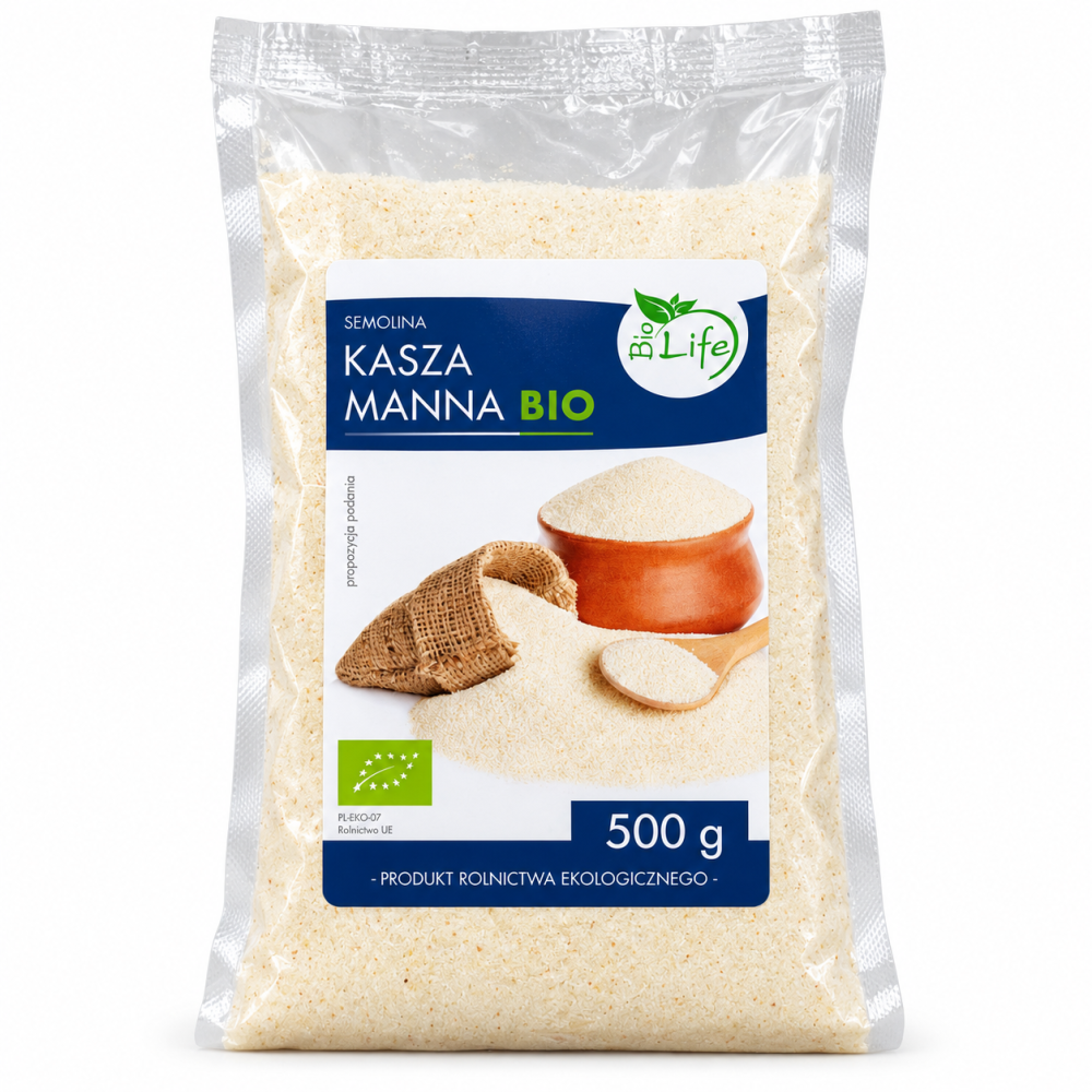 Kasza manna BIO BioLife 500 g z certyfikowanych upraw ekologicznych. Delikatna, idealna na śniadanie, do deserów i wypieków. Sprawdź!