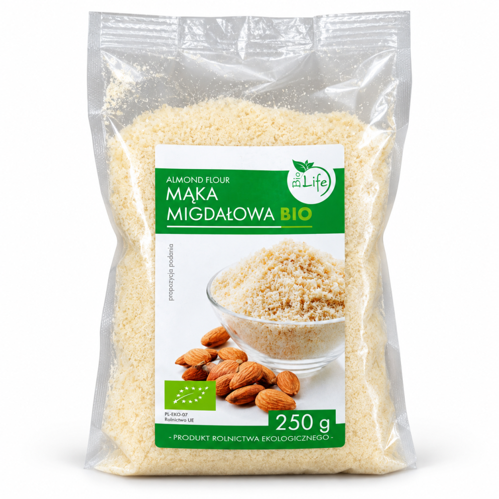 Mąka migdałowa BIO BioLife 250 g z ekologicznych migdałów. Delikatna, o orzechowym smaku, idealna do ciast, deserów i naleśników. Sprawdź!