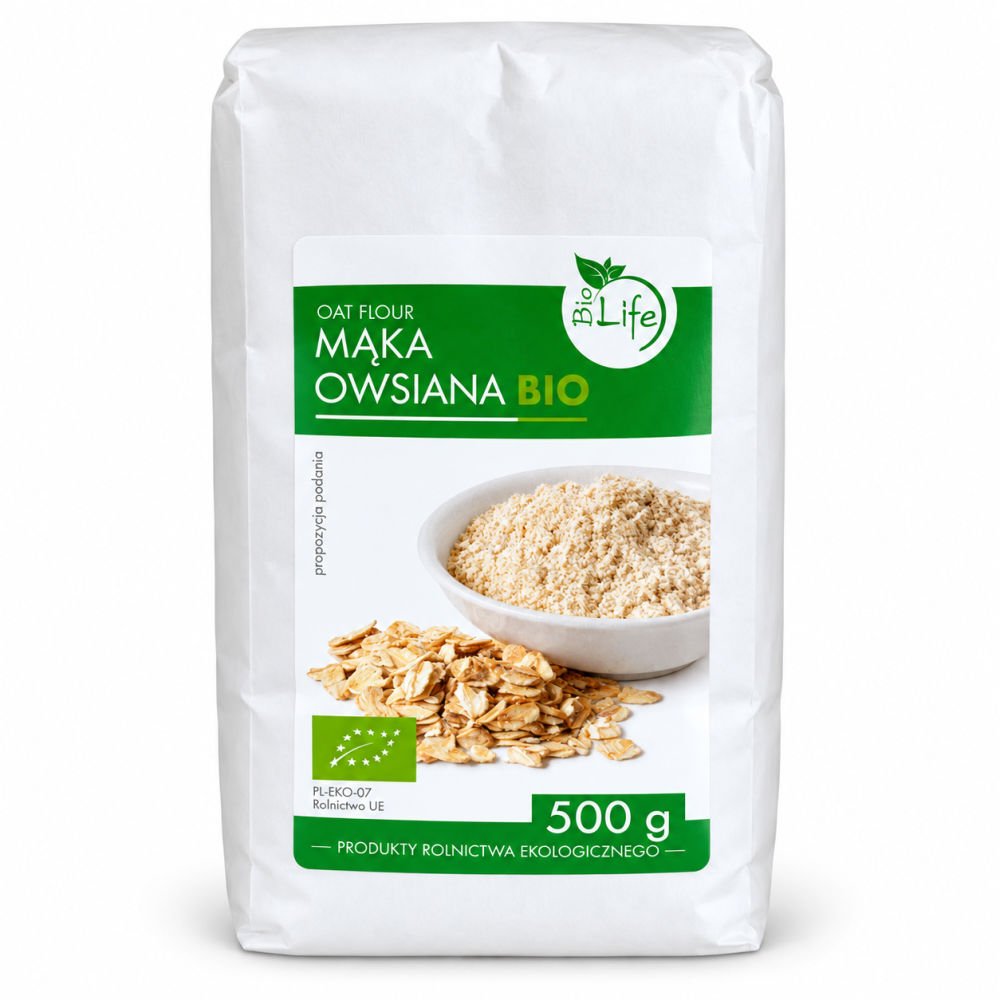 Mąka owsiana BIO BioLife 500 g z certyfikowanych upraw ekologicznych. Idealna do chleba, ciast, naleśników i domowych wypieków. Sprawdź!