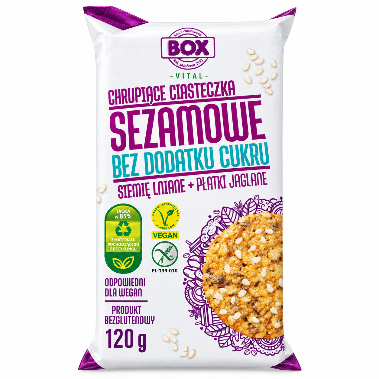 Chrupiące ciasteczka sezamowe BOX Vital 120 g z siemieniem lnianym i płatkami jaglanymi. Bez dodatku cukru, bezglutenowe i wegańskie. Sprawdź!