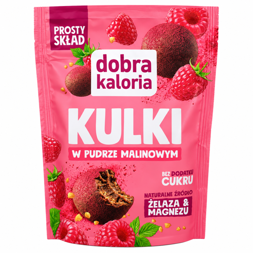 Kulki w pudrze malinowym Dobra Kaloria 65 g. Bez dodatku cukru, prosty skład i naturalne źródło żelaza oraz magnezu. Odkryj malinową przekąskę!